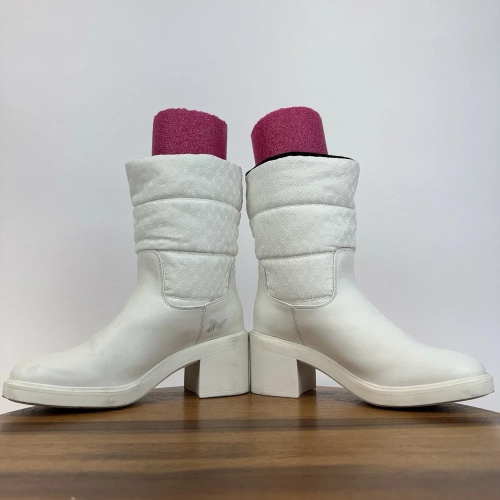 Womens Franco Sarto L-Snow White Faux Leather Block Heel Waterproof Boots Size 7